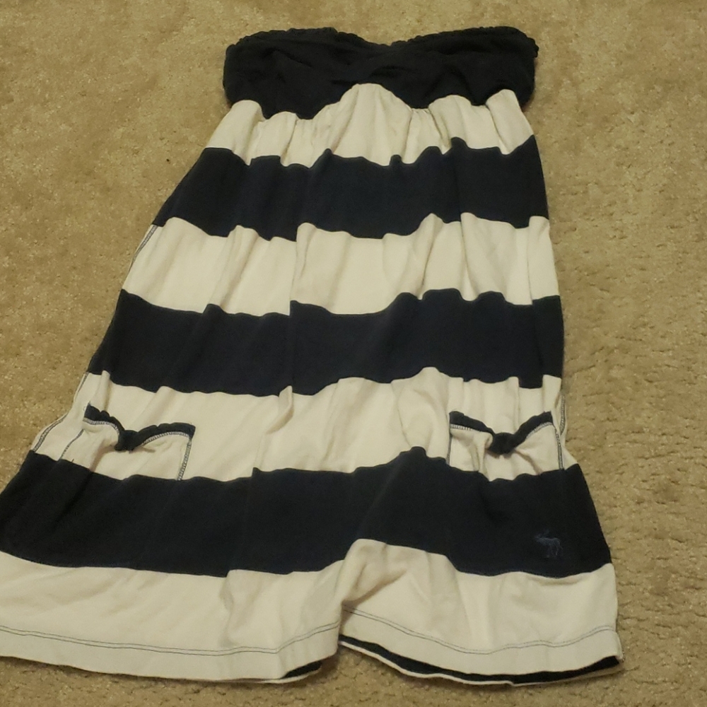 Navy and White Striped Strapless Dress.